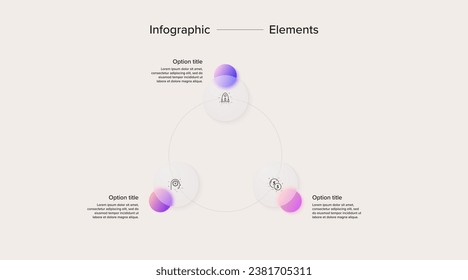 Business process chart infographics with 3 step circles. Circular corporate workflow graphic elements. Company flowchart presentation slide. Vector info graphic in glassmorphism design.