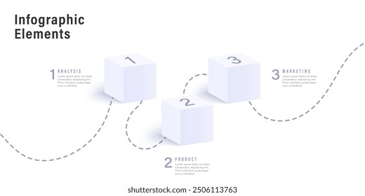 Infografías de gráficos de procesos de negocio con 3 cubos de pasos. Elementos gráficos de flujo de trabajo corporativo cúbico. Diapositiva de presentación del diagrama de flujo de la empresa. Gráfico de información de Vector en diseño isométrico.