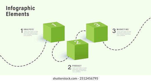 Infográficos de gráfico de processo de negócios com cubos de 3 etapas. Elementos gráficos cúbicos de fluxo de trabalho corporativo. Slide de apresentação do fluxograma da empresa. Infográfico vetorial em design isométrico.