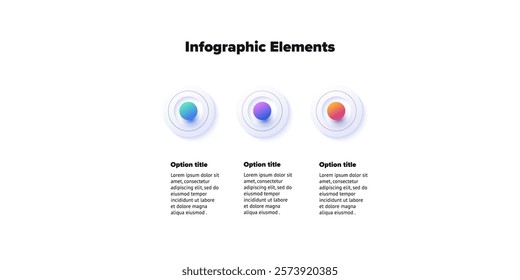Business process chart infographics with 3 step spheres. Round workflow graphic elements. Company flowchart presentation slide. Vector info graphic in isometric design