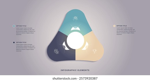 Business process chart infographics with 3 step circles. Round workflow graphic elements. Company flowchart presentation slide. Vector info graphic in flat design