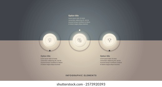 Business process chart infographics with 3 step circles. Round workflow graphic elements. Company flowchart presentation slide. Vector info graphic in flat design