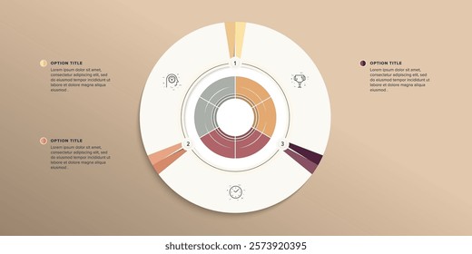 Business process chart infographics with 3 step circles. Round workflow graphic elements. Company flowchart presentation slide. Vector info graphic in flat design