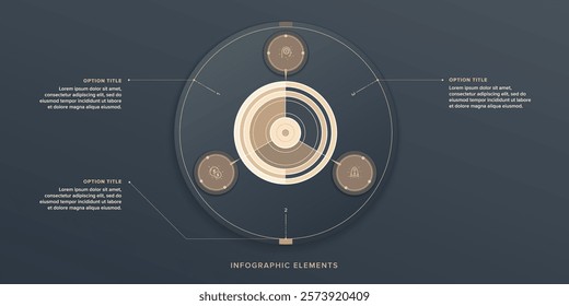 Business process chart infographics with 3 step circles. Round workflow graphic elements. Company flowchart presentation slide. Vector info graphic in flat design