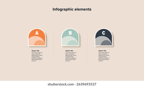Business process chart infographics with 3 step circles. Round workflow graphic elements. Company flowchart presentation slide. Vector info graphic in flat design