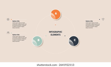 Business process chart infographics with 3 step circles. Round workflow graphic elements. Company flowchart presentation slide. Vector info graphic in flat design