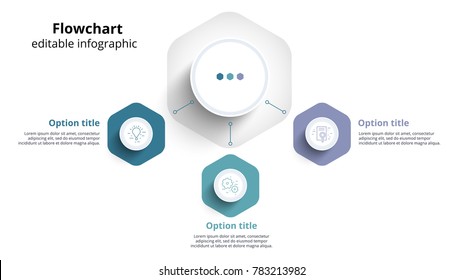Business process chart infographics with 3 step segments. Circular corporate timeline infograph elements. Company presentation slide template. Modern vector info graphic layout design.