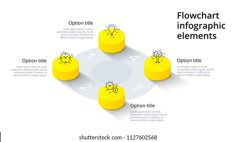 Business process chart infographics with 4 step segments. Isometric 3d corporate timeline infograph elements. Company presentation slide template. Modern vector info graphic layout design.