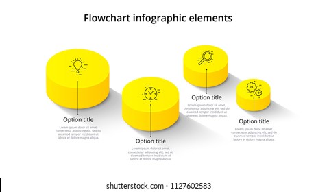 Business process chart infographics with 4 step segments. Isometric 3d corporate timeline infograph elements. Company presentation slide template. Modern vector info graphic layout design.