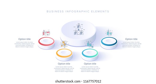 Business process chart infographics with 4 step segments. Isometric 3d corporate timeline infograph elements. Company presentation slide template. Modern vector info graphic layout design.