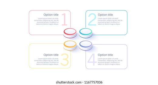 Business process chart infographics with 4 step segments. Isometric 3d corporate timeline infograph elements. Company presentation slide template. Modern vector info graphic layout design.