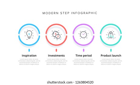 Business process chart infographics with 4 step circles. Circular corporate workflow graphic elements. Company flowchart presentation slide template. Vector info graphic design.