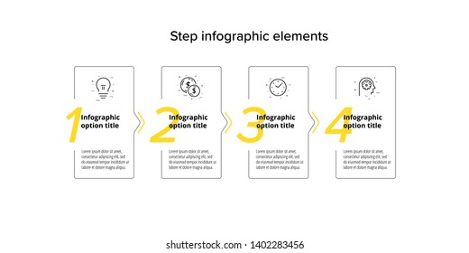 Business process chart infographics with 4 step circles. Circular corporate workflow graphic elements. Company flowchart presentation slide template. Vector info graphic design.