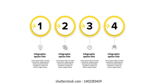 Business process chart infographics with 4 step circles. Circular corporate workflow graphic elements. Company flowchart presentation slide template. Vector info graphic design.