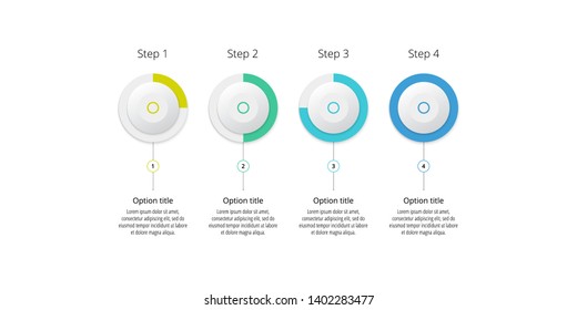 Business process chart infographics with 4 step circles. Circular corporate workflow graphic elements. Company flowchart presentation slide template. Vector info graphic design.