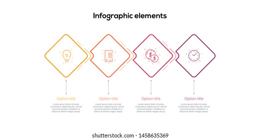 Business process chart infographics with 4 step rhombs. Square corporate workflow graphic elements. Company flowchart presentation slide template. Vector info graphic design.