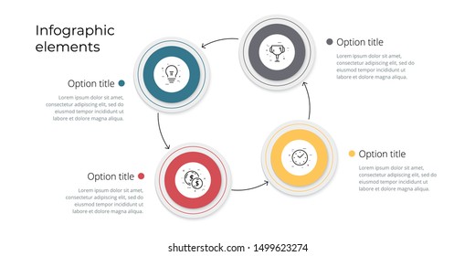 Business process chart infographics with 4 step options. Square corporate workflow graphic elements. Company flowchart presentation slide template. Vector info graphic design.