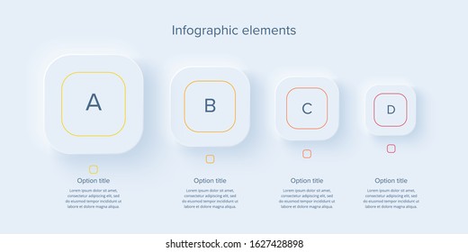 Business process chart infographics with 4 steps in neumorphism design. Sqaure corporate workflow graphic elements. Company flowchart presentation slide template. Vector info graphic.