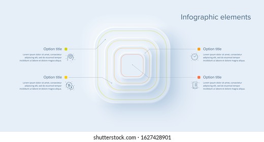 Business process chart infographics with 4 steps in neumorphism design. Sqaure corporate workflow graphic elements. Company flowchart presentation slide template. Vector info graphic.