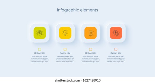 Business process chart infographics with 4 steps in neumorphism design. Sqaure corporate workflow graphic elements. Company flowchart presentation slide template. Vector info graphic.