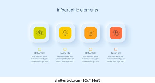 Business process chart infographics with 4 steps in neumorphism design. Square corporate workflow graphic elements. Company flowchart presentation slide template. Vector info graphic.