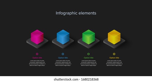 Business process chart infographics with 4 steps in neumorphism design. Square corporate workflow graphic elements. Company flowchart presentation slide template. Vector info graphic.