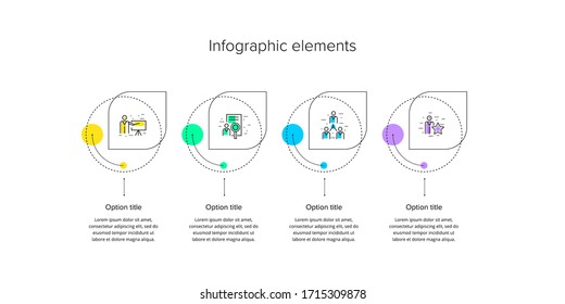 Business process chart infographics with 4 step circles. Circular corporate workflow graphic elements. Company flowchart presentation slide template. Vector info graphic design.