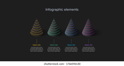 Business process chart infographics with 4 step cones. Cone corporate workflow graphic elements. Company flowchart presentation slide template. Vector info graphic design.