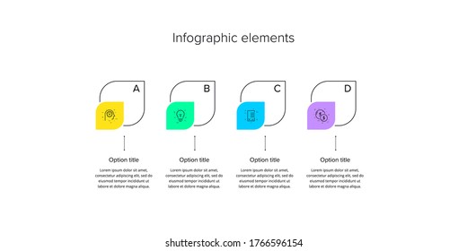 Business process chart infographics with 4 step circles. Circular corporate workflow graphic elements. Company flowchart presentation slide template. Vector info graphic design.