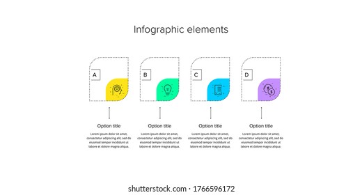 Business process chart infographics with 4 step circles. Circular corporate workflow graphic elements. Company flowchart presentation slide template. Vector info graphic design.