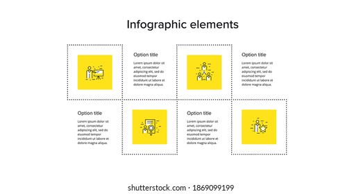 Business process chart infographics with 4 step squares. Circular corporate workflow graphic elements. Company flowchart presentation slide template. Vector info graphic design.