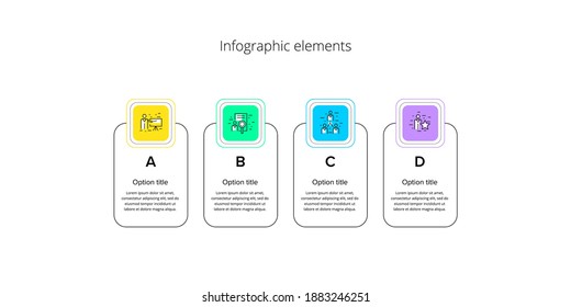 Business process chart infographics with 4 step squares. Circular corporate workflow graphic elements. Company flowchart presentation slide template. Vector info graphic design.