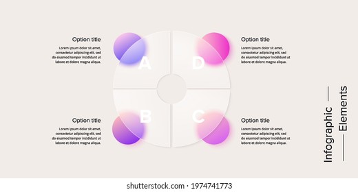 Business Process Chart Infographics With 4 Step Circles. Circular Corporate Workflow Graphic Elements. Company Flowchart Presentation Slide. Vector Info Graphic In Glassmorphism Design.