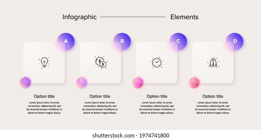 Business process chart infographics with 4 step squares. Rectangular corporate workflow graphic elements. Company flowchart presentation slide. Vector info graphic in glassmorphism design.
