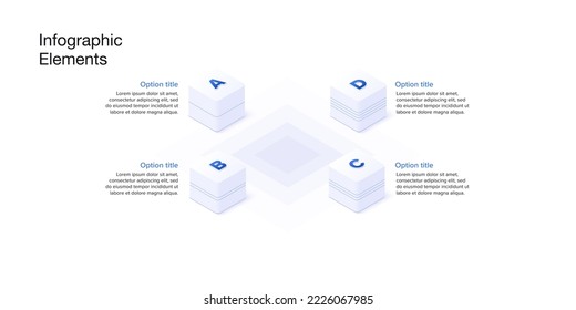 Business process chart infographics with 4 step cubes. Cubic corporate workflow graphic elements. Company flowchart presentation slide. Vector info graphic in isometric design.