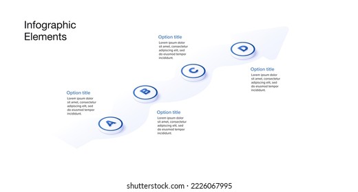 Business process chart infographics with 4 step circles. Circular workflow graphic elements. Company flowchart presentation slide. Vector info graphic in isometric design.