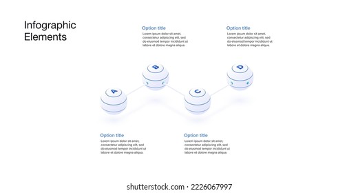 Business process chart infographics with 4 step spheres. Spherical workflow graphic elements. Company flowchart presentation slide. Vector info graphic in isometric design.
