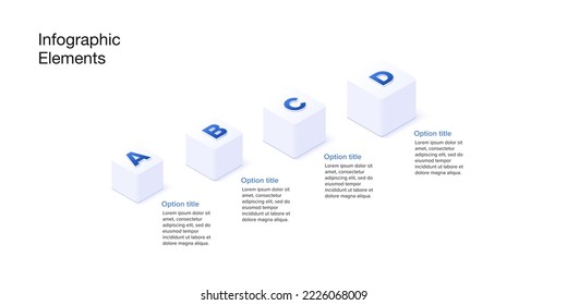 Business process chart infographics with 4 step cubes. Cubic corporate workflow graphic elements. Company flowchart presentation slide. Vector info graphic in isometric design.