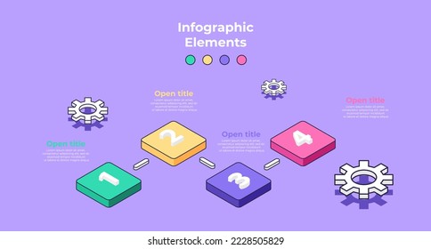 Business process chart infographics with 4 step cubes. Isometric minimalistic style. Company flowchart presentation slide. Vector info graphic in isometric design. Cute style in purple background