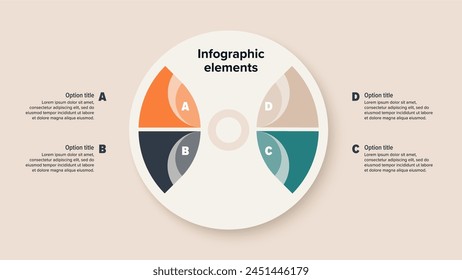Business process chart infographics with 4 step circles. Round workflow graphic elements. Company flowchart presentation slide. Vector info graphic in flat design