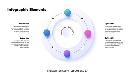 Business process chart infographics with 4 step spheres. Round workflow graphic elements. Company flowchart presentation slide. Vector info graphic in isometric design