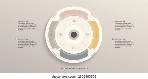 Business process chart infographics with 4 step circles. Round workflow graphic elements. Company flowchart presentation slide. Vector info graphic in flat design