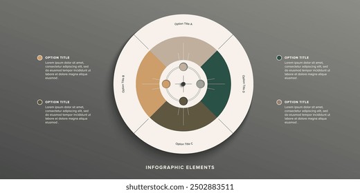 Business process chart infographics with 4 step circles. Round workflow graphic elements. Company flowchart presentation slide. Vector info graphic in flat design