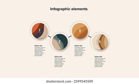 Business process chart infographics with 4 step circles. Round workflow graphic elements. Company flowchart presentation slide. Vector info graphic in flat design