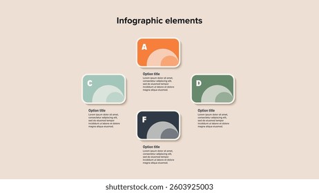 Business process chart infographics with 4 step squares. Rectangular workflow graphic elements. Company flowchart presentation slide. Vector info graphic in flat design