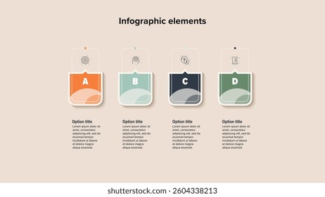Business process chart infographics with 4 step squares. Rectangular workflow graphic elements. Company flowchart presentation slide. Vector info graphic in flat design