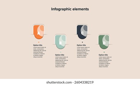 Business process chart infographics with 4 step squares. Rectangular workflow graphic elements. Company flowchart presentation slide. Vector info graphic in flat design