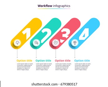 Business process chart infographics with 4 step circles. Circular corporate workflow graphic elements. Company flowchart presentation slide template. Vector info graphic design.