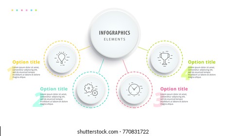 Business process chart infographics with 4 step segments. Circular corporate timeline infograph elements. Company presentation slide template. Modern vector info graphic layout design.