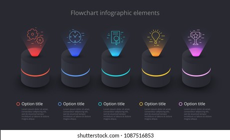 Business process chart infographics with 5 step segments. Circular corporate timeline infograph elements. Company presentation slide template. Modern vector info graphic layout design.